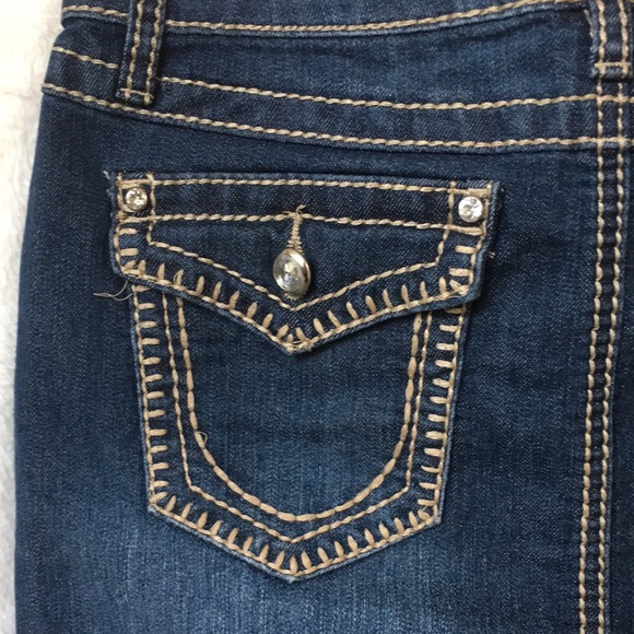 Earl Jean Denim Jeans Skirt Mini Size 6 Rhinestones and Embroidered Stitches - Picture 2 of 14
